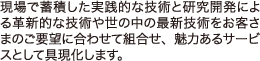 現場で蓄積した実践的な技術と研究開発による革新的な技術や世の中の最新技術をお客様のご要望に合わせて組合せ、魅力あるサービスとして具現化します。