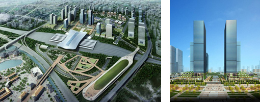 左：計画地全体鳥瞰図 右：駅前広場とランドマーク建物
