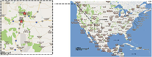 ロスアラモスサイトとアルバカーキサイト（米国ニューメキシコ州　引用：Google map）